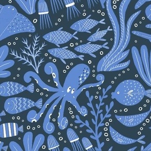 Sea Creatures  || Blue Sea Creatures  on Navy Blue || Summer Cove Collection by Sarah Price