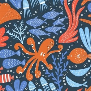 Sea Creatures  || Red, Orange and Blue Sea Creatures  on Navy Blue || Summer Cove Collection by Sarah Price