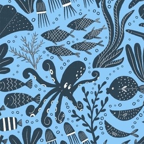 Sea Creatures  || Navy Sea Creatures  on Blue || Summer Cove Collection by Sarah Price