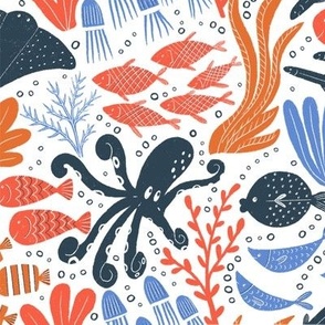 Sea Creatures  || Red, Orange and Blue  Sea Creatures  on White || Summer Cove Collection by Sarah Price
