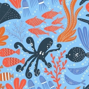 Sea Creatures  || Navy, Red and Orange  Sea Creatures  on Blue || Summer Cove Collection by Sarah Price