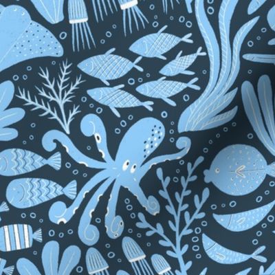 Sea Creatures  || Blue Sea Creatures  on Navy Blue || Summer Cove Collection by Sarah Price