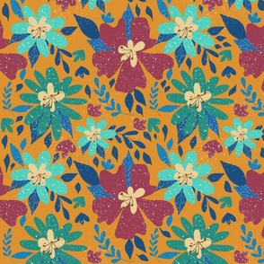 Maximalist -  Aqua,  dark red, green and yellow Floral in  Mustard Yellow