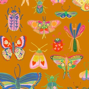 Pretty bugs! Butterflies, ladybugs, moths, beetles and dragonflies all dressed up in bold happy colors, ready for a bright and happy day - Hand drawn, artistic brush stroke style - Desert Sun (dark yellow - petal solids coordinate) - large