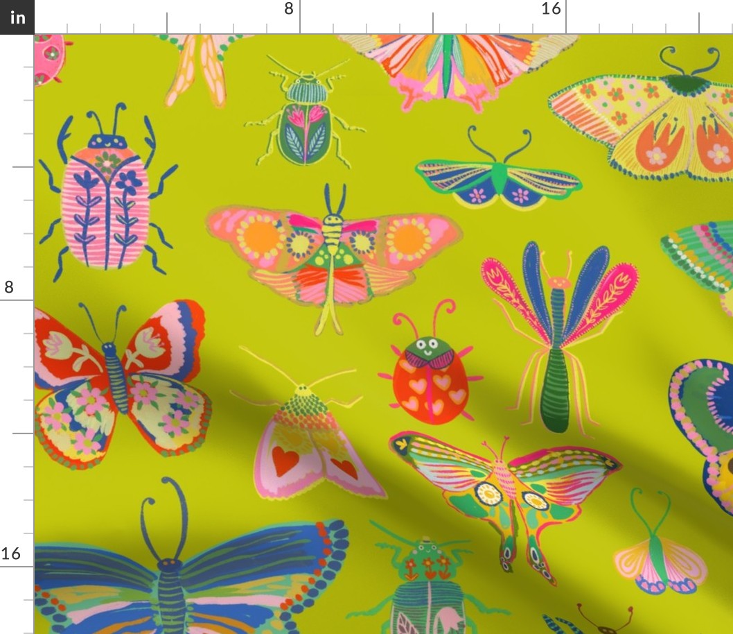 Pretty bugs! Butterflies_ ladybugs_ moths_ beetles and dragonflies all dressed up in bold happy colors_ ready for a bright and happy day - Cyber Lime Green  evening primrose - large 2