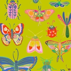 Pretty bugs! Butterflies, ladybugs, moths, beetles and dragonflies all dressed up in bold happy colors, ready for a bright and happy day - Cyber Lime Green / evening primrose - medium