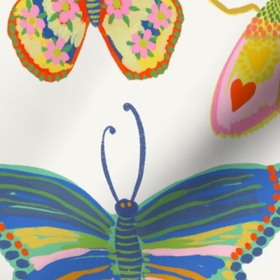 Large - Pretty bugs! Butterflies, ladybugs, moths, beetles and dragonflies all dressed up in bold happy colors, ready for a bright and happy day - Hand drawn, artistic brush stroke style - soft white - butterfly