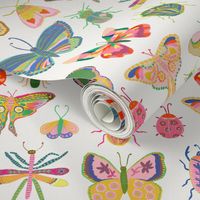 Large - Pretty bugs! Butterflies, ladybugs, moths, beetles and dragonflies all dressed up in bold happy colors, ready for a bright and happy day - Hand drawn, artistic brush stroke style - soft white - butterfly