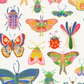 Large - Pretty bugs! Butterflies, ladybugs, moths, beetles and dragonflies all dressed up in bold happy colors, ready for a bright and happy day - Hand drawn, artistic brush stroke style - soft white - butterfly