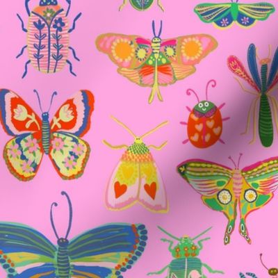 Pretty bugs! Butterflies, ladybugs, moths, beetles and dragonflies all dressed up in bold happy colors, ready for a bright and happy day - lavender pink - medium