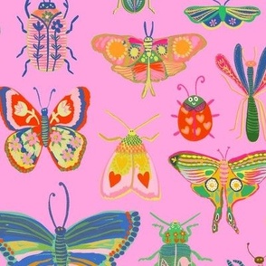 Pretty bugs! Butterflies, ladybugs, moths, beetles and dragonflies all dressed up in bold happy colors, ready for a bright and happy day - lavender pink - medium