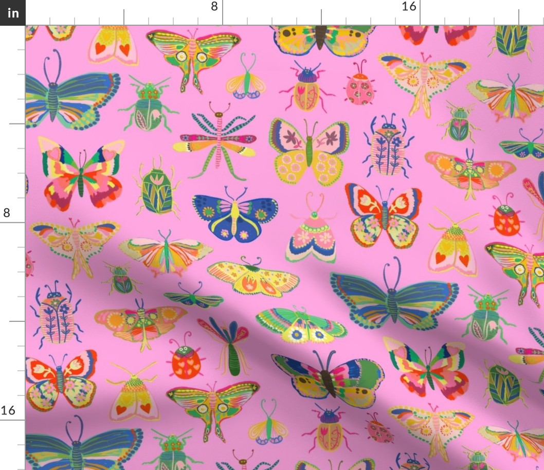 Pretty bugs! Butterflies, ladybugs, moths, beetles and dragonflies all dressed up in bold happy colors, ready for a bright and happy day - lavender pink - medium