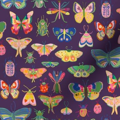 Pretty bugs! Butterflies, ladybugs, moths, beetles and dragonflies all dressed up in bold happy colors, ready for a bright and happy day - Plum purple (petal solids coordinate) - small