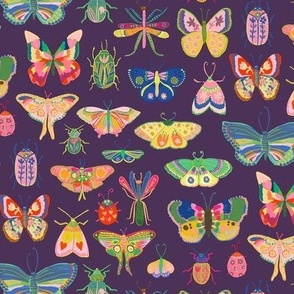 Pretty bugs! Butterflies, ladybugs, moths, beetles and dragonflies all dressed up in bold happy colors, ready for a bright and happy day - Plum purple (petal solids coordinate) - small