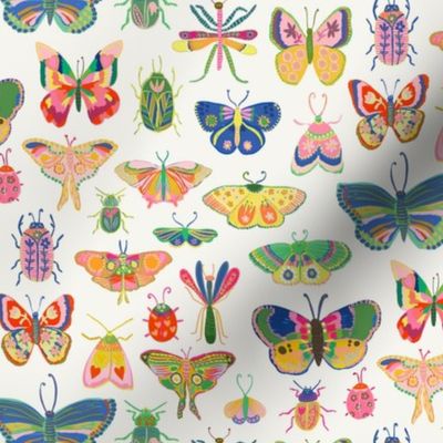 Pretty bugs! Butterflies, ladybugs, moths, beetles and dragonflies all dressed up in bold happy colors_ ready for a bright and happy day - soft white - small
