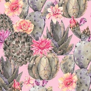 Naturally Tropical, Watercolor Cacti and Floral Delights on Pink