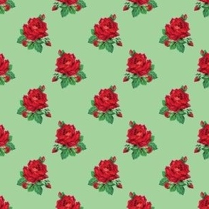 Red vintage roses on green - mini