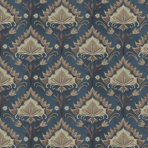 Boho Floral Tapestry dark brown, tan and deep blue palette medium Scale