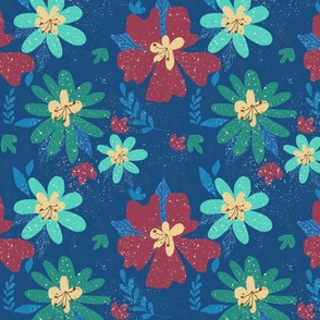 Maximalist -  Aqua,  dark red, green and yellow FLORAL in blue