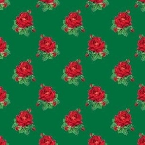 Red vintage roses on deep green - mini