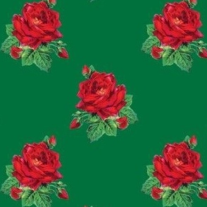 Red vintage roses on deep green - small