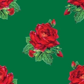 Red vintage roses on deep green - large