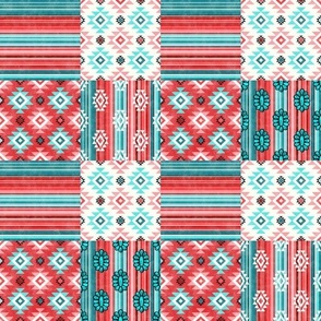 Smaller Patchwork 3" Squares Western Serape Stripes Aztec Geometric and Turquoise Gems in Shades of Coral Pink and Aqua Blue for Cheater Quilt or Blanket