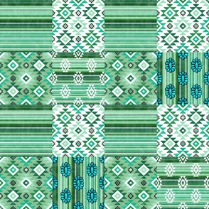 Bigger Patchwork 6" Squares Western Serape Stripes Aztec Geometric and Turquoise Gems in Shades of Green for Cheater Quilt or Blanket