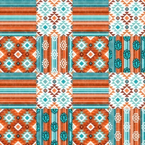 Bigger Patchwork 6" Squares Western Serape Stripes Aztec Geometric and Turquoise Gems in Shades of Orange and Aqua Blue for Cheater Quilt or Blanket