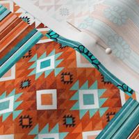 Smaller Patchwork 3" Squares Western Serape Stripes Aztec Geometric and Turquoise Gems in Shades of Orange and Aqua Blue for Cheater Quilt or Blanket