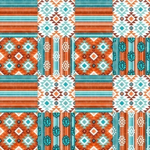 Smaller Patchwork 3" Squares Western Serape Stripes Aztec Geometric and Turquoise Gems in Shades of Orange and Aqua Blue for Cheater Quilt or Blanket
