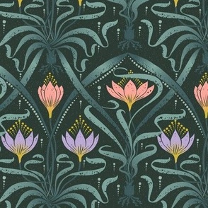 (medium 6x6in) Crocus Garden on Green /  Art Nouveau / medium scale / see in collections