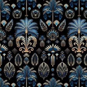 Exquisite Art Decor Design With Palm Trees And Ornamnts Navy Blue Gold On Black Smaller Scale