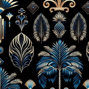 Exquisite Art Decor Design With Palm Trees And Ornamnts Navy Blue Gold On Black