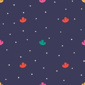 Medium scale / Tiny ditsy flowers and little polka dots / bright pink red yellow green florals on navy blue dark moody ceiling minimal night sky background
