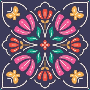 Medium scale / Mandala florals and butterflies on navy / multicolored symmetrical folk art flowers in pink red green with decorative yellow butterfly on dark navy blue background