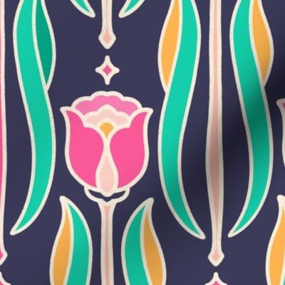 Medium scale / Pink and green art deco tulips on dark navy blue / vintage Victorian line art florals leaves in bright rose mustard yellow / ornate art nouveau spring flowers bold minimalism nursery decor