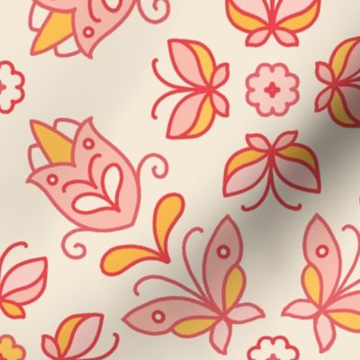 Medium scale / Line art pastel butterflies and tulips florals on beige / Soft blush pink pale yellow flowers and butterfly folk art on light cream background
