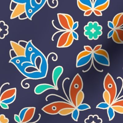 Medium scale / Line art boho butterflies and tulips florals on navy / Bright colorful blue orange green flowers and butterfly folk art on dark navy blue background 