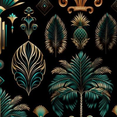 Exquisite Art Decor Design With Palm Trees And Ornamnts Teal Gold On Black Smaller Scale