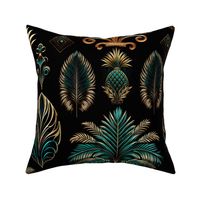Exquisite Art Decor Design With Palm Trees And Ornamnts Teal Gold On Black
