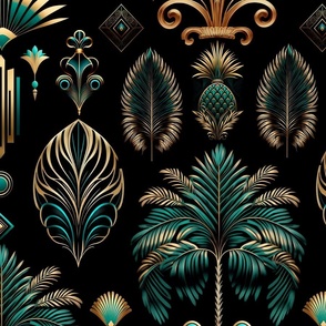 Exquisite Art Decor Design With Palm Trees And Ornamnts Teal Gold On Black