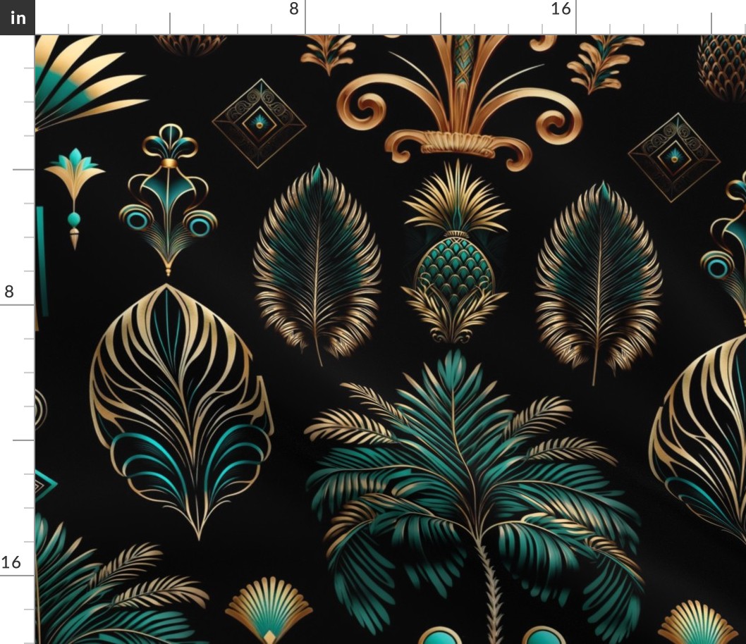 Exquisite Art Decor Design With Palm Trees And Ornamnts Teal Gold On Black
