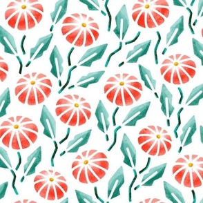 Medium scale / Orange watercolor flowers with teal green leaves on white / Bright colored umbrella florals in reddish orange with pointy leaves