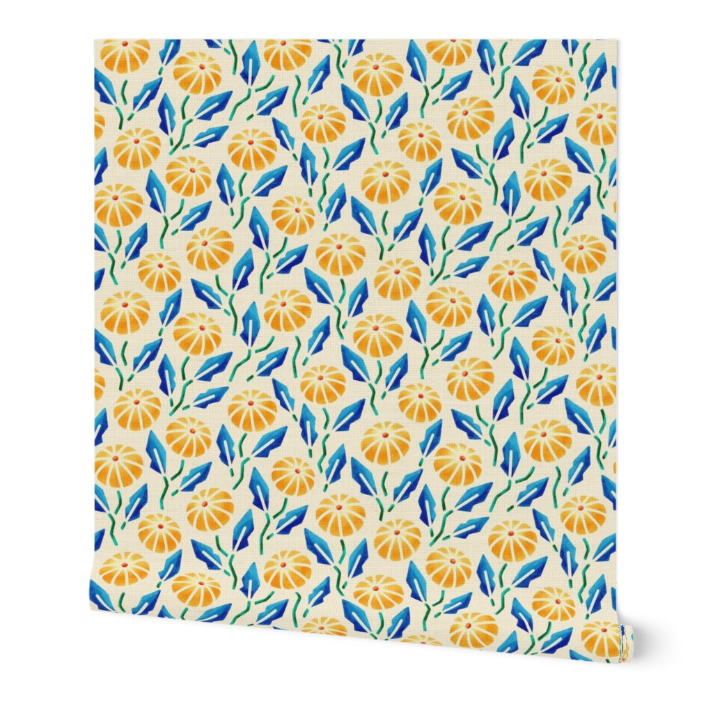 Medium scale / Yellow watercolor flowers with jewel blue leaves on beige / Bright colored umbrella florals in yellow ochre with blue leaves on cream