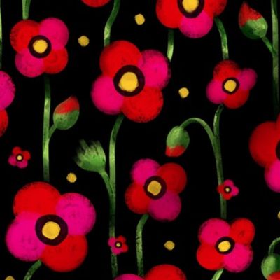 Medium scale / Red poppies on black / Bright vibrant hot reddish pink florals and yellow dots on dark background/ rich bold hand drawn textured gouache watercolor poppy anemone flowers and green leaves buds