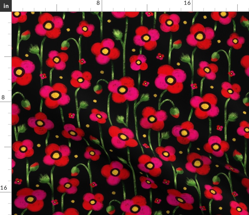 Medium scale / Red poppies on black / Bright vibrant hot reddish pink florals and yellow dots on dark background/ rich bold hand drawn textured gouache watercolor poppy anemone flowers and green leaves buds