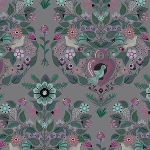 Maximalist colorful floral damask with cuckoo birds , floral vines and bird house - small print.