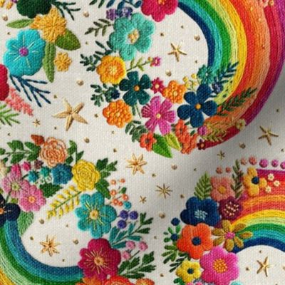 Bright Floral Rainbow Embroidery Cream BG Rotated - Large Scale