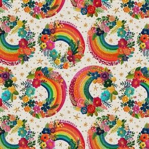 Bright Floral Rainbow Embroidery Cream BG Rotated - Large Scale